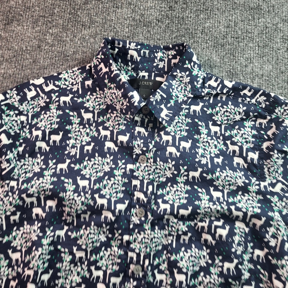 J Crew Women's Long Sleeve Button Up Shirt Navy Deer Tree Print Size 0 Cotton